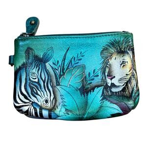 Anuschka hand painted leather coin purse zipper top pouch blue lion zebra jungle